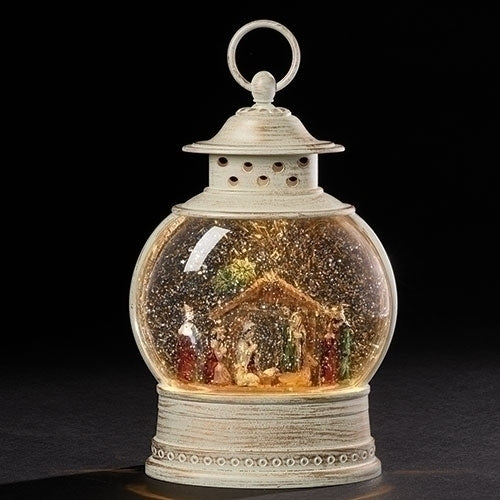 Lantern Rustic White with Colorful Nativity 10" Lighted Snow Globe