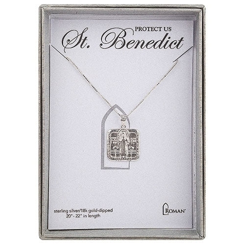 St Benedict Sterling Sliver Square Medal on 22"" Chain