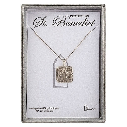 St Benedict 18kt Gold Dipped SS Square Medal Pendant on 22" Chain