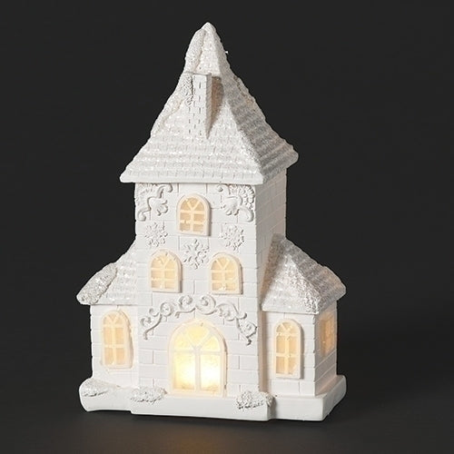 Christmas Lighted Church 8" White Resin