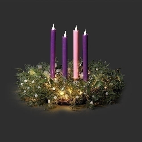 Advent Wreath 16" with Silver Berries and Lights Up