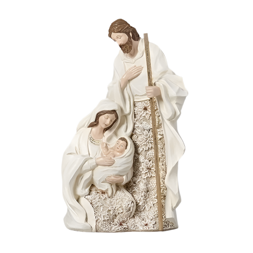 Christmas Holy Family Figure 10.75" White with Poinsettia Accents