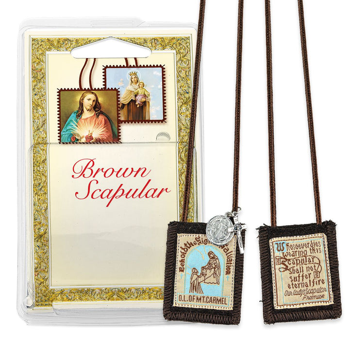 Genuine Brown Wool Scapular with Medals in Deluxe Packaging