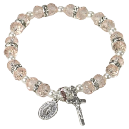 BRACELET - PINK CRYSTAL - MIRACULOUS AND CRUCIFIX