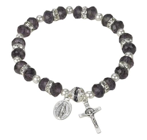 BRACELET - PURPLE CRYSTAL - MIRACULOUS AND CRUCIFIX