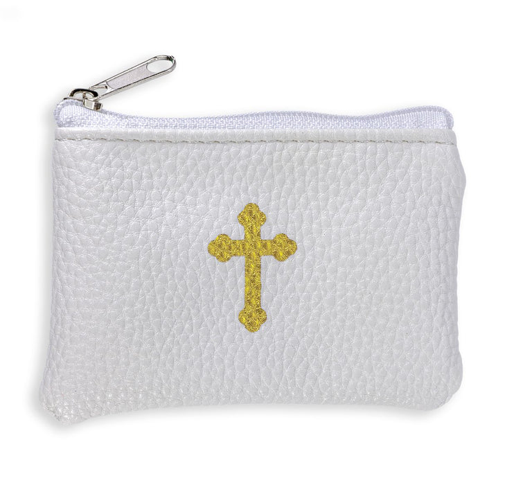 Rosary Pouch White Calf Grained Leatherette with Gold Cross