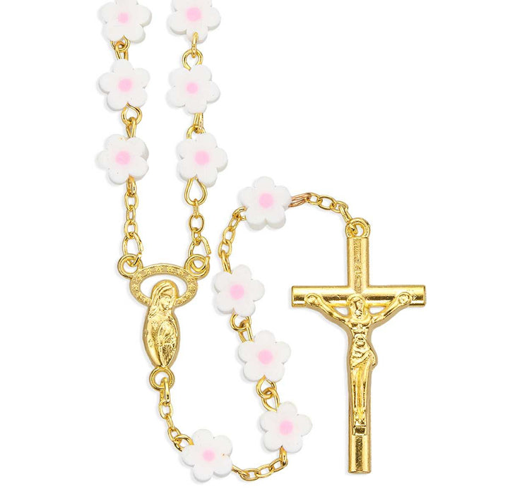 Rosary 7mm White and Pink Flower Fimo Bead with Gold Plating