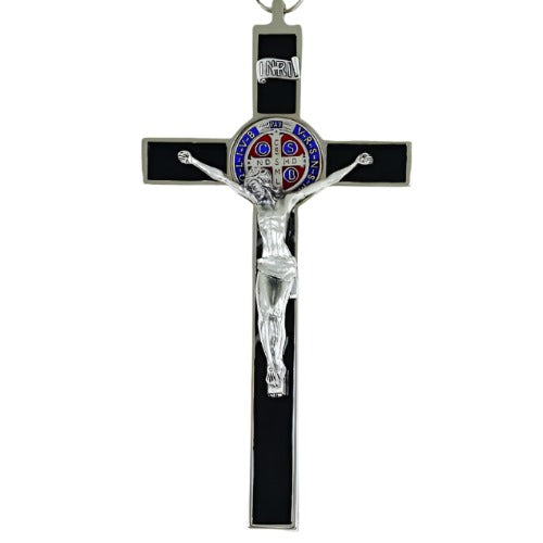 ST BENEDICT CRUCIFIX 8" BLACK, RED AND BLUE ENAMEL