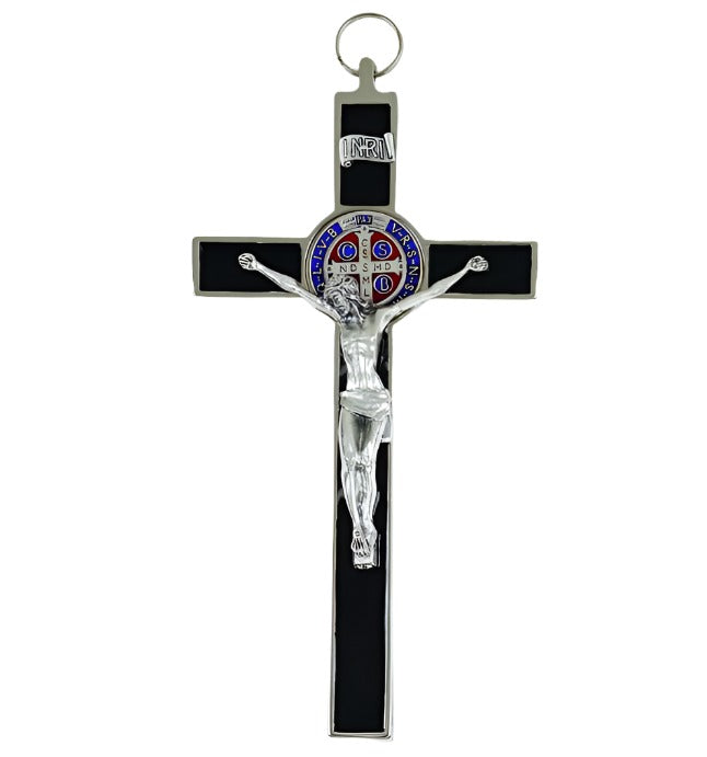 ST BENEDICT CRUCIFIX 8" BLACK, RED AND BLUE ENAMEL