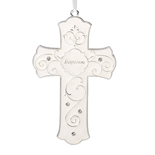 Baptism Cross 7.25" White Enamel with White Ribbon