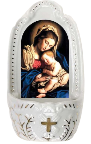 HOLY WATER FONT - MADONNA AND CHILD - 5.25" PORELAIN