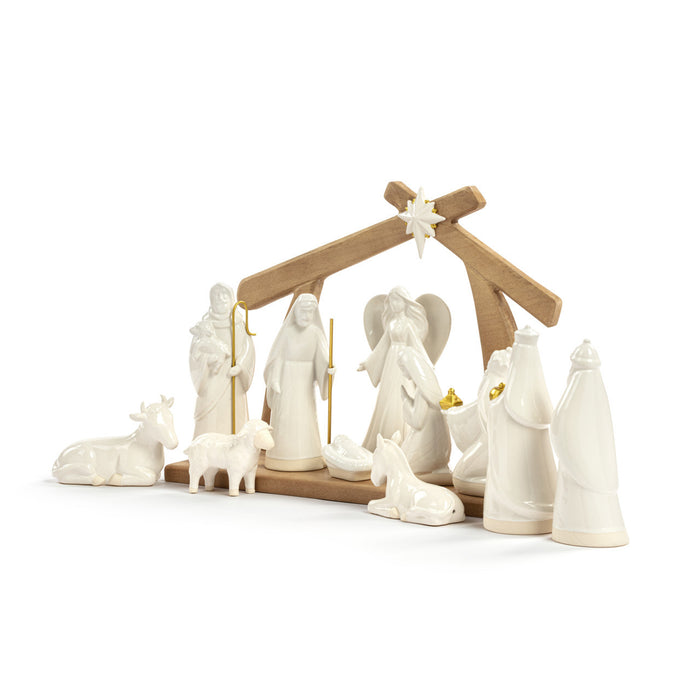 Nativity Set Modern White Ceramic with Wood Stable