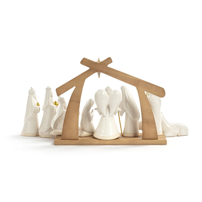 Nativity Set Modern White Ceramic with Wood Stable