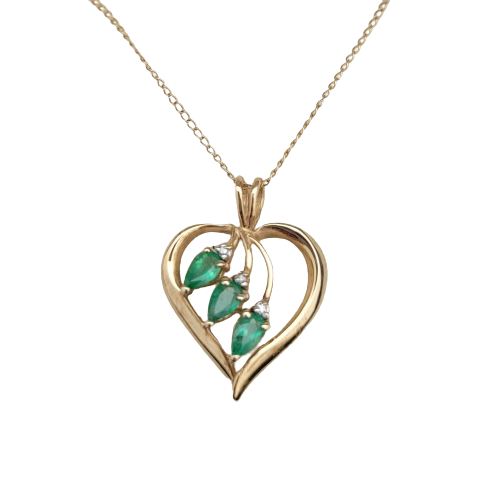 Vintage 10k Gold Heart with Emerald Stones Pendant on 18" Chain