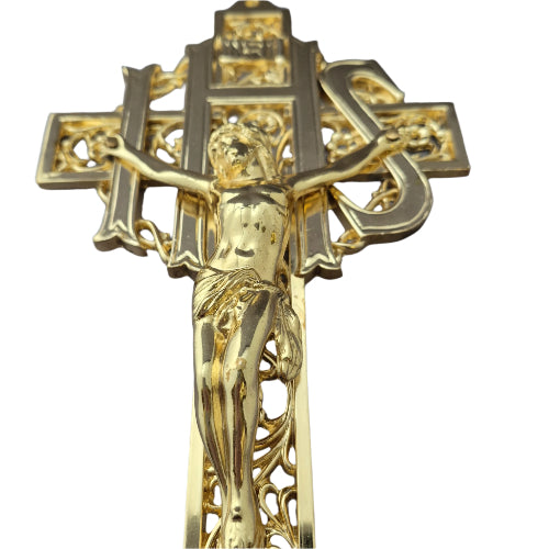 WALL CRUCIFIX - VINTAGE IHS - 9.5" GOLD TONE METAL