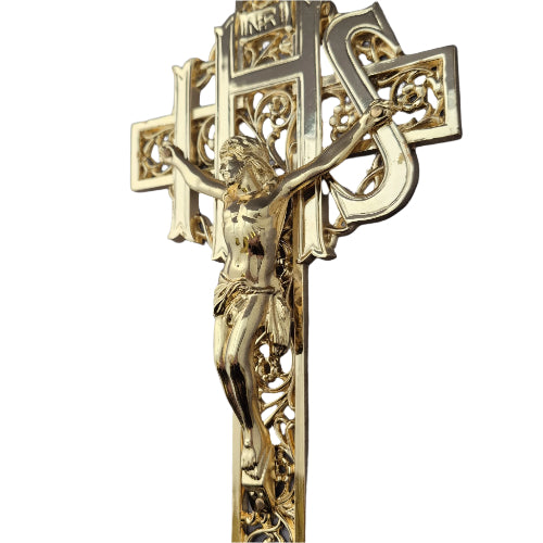 WALL CRUCIFIX - VINTAGE IHS - 9.5" GOLD TONE METAL