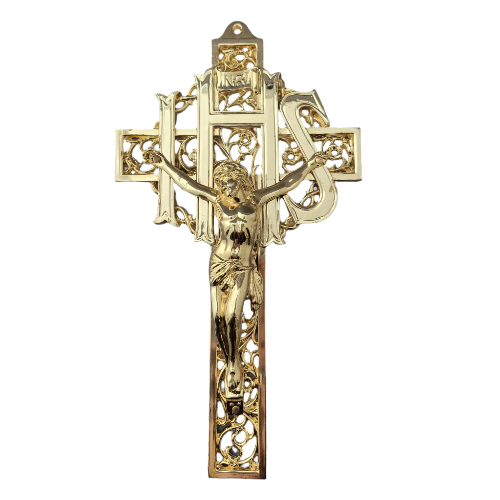 Vintage Wall Crucifix IHS 9.5" Gold Tone Metal