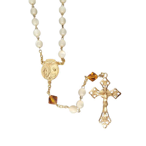 Rosary Gold Plated 6mm Mother of Pearl and 8mm Austrian Crystal