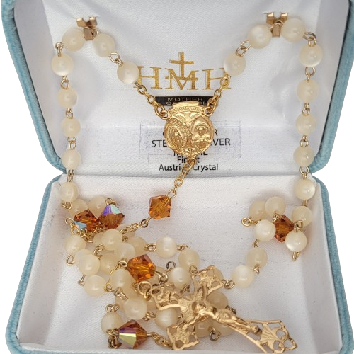 Rosary Gold Plated 6mm Mother of Pearl and 8mm Austrian Crystal