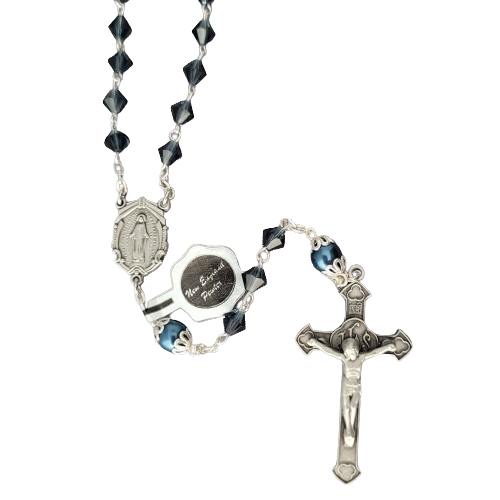 Rosary 6mm Czech Crystal Bicone Midnight Blue Pewter Crucifix and Center