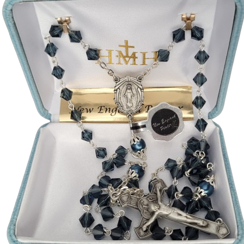 Rosary 6mm Czech Crystal Bicone Midnight Blue Pewter Crucifix and Center