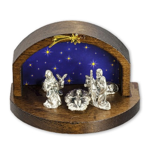 Mini Nativity in Wood with Starry Night Background