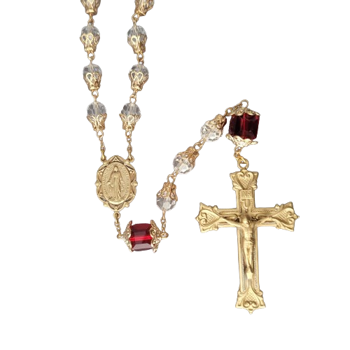 Rosary 8mm Clear Faceted Glass and Red Cubed Beads Solid Brass Crucifix and Center