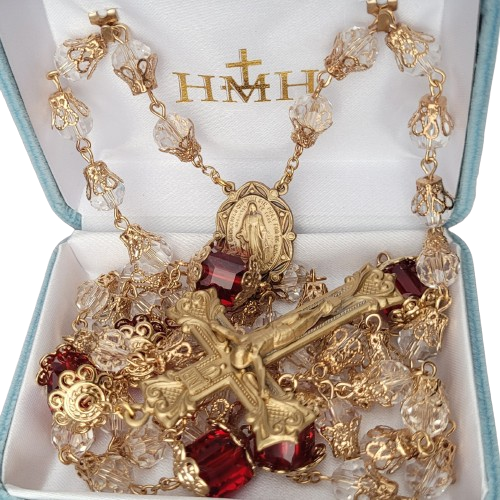 Rosary 8mm Clear Faceted Glass and Red Cubed Beads Solid Brass Crucifix and Center