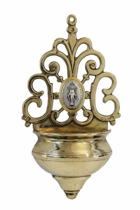 Holy Water Font in Shiny Brass with Gold Trim Miraculous Medal