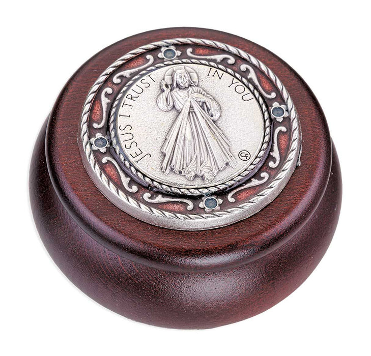 Keepsake Box Burgundy Wood with Divine Mercy