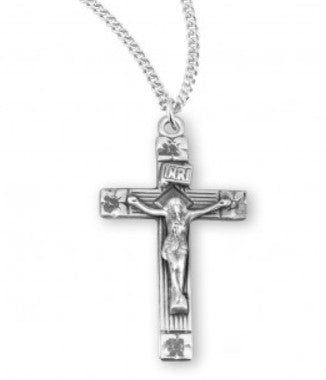 CRUCIFIX - SS - WOOD GRAIN - FLOWER ENDS -18" CHAIN