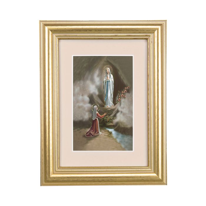 OUR LADY OF LOURDES 5.25" X 6.75" GOLD LEAF FRAME WITH CREAM MATTE