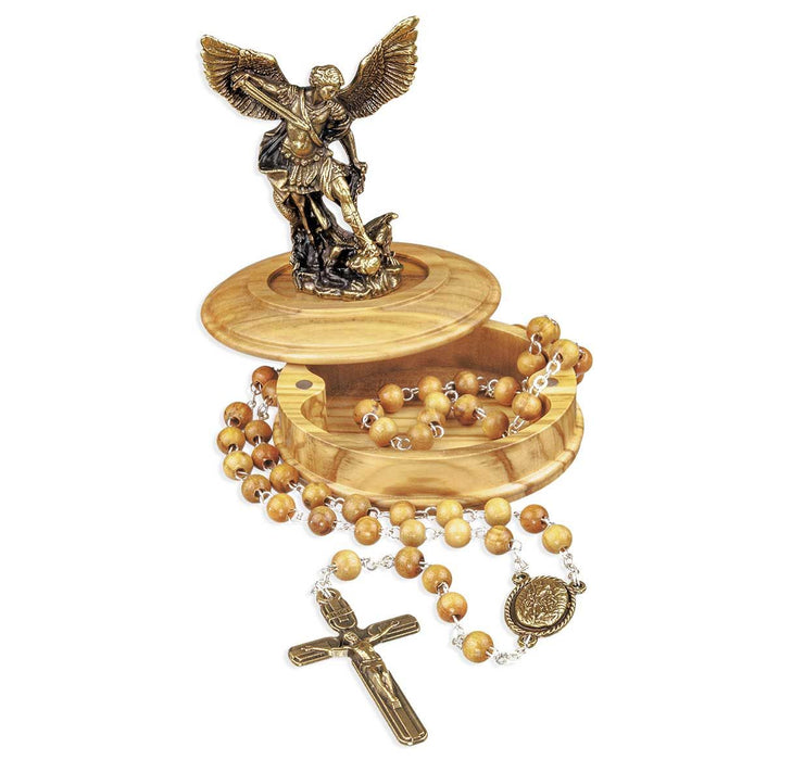 Rosary and Box Set St. Michael Bronze Statue on Olivewood