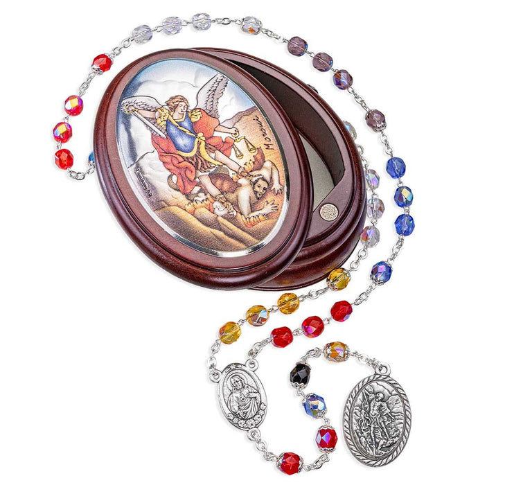 St. Michael Wooden Box with Multi-Colored Chaplet