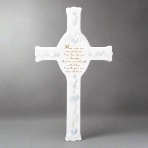 WALL CROSS - MAY GOD'S LOVE - 8" BLUE AND WHITE PORCELAIN