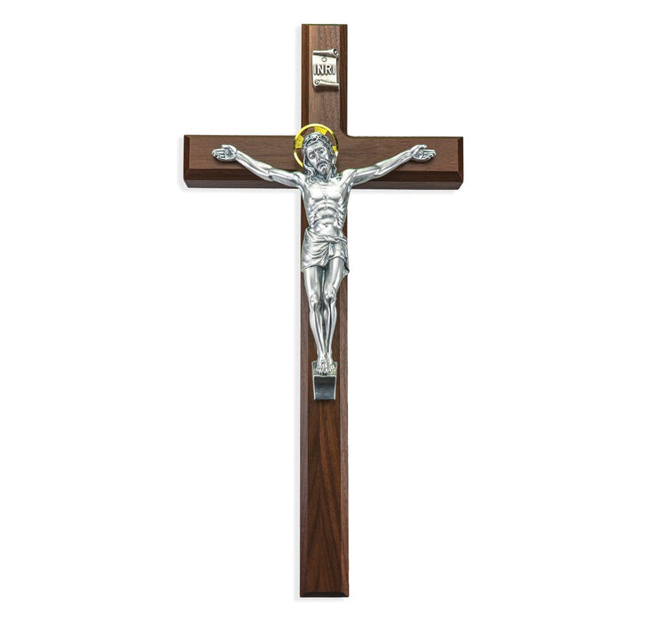 Wall Crucifix 15" Walnut Cross with Silver Finish Italian Corpus