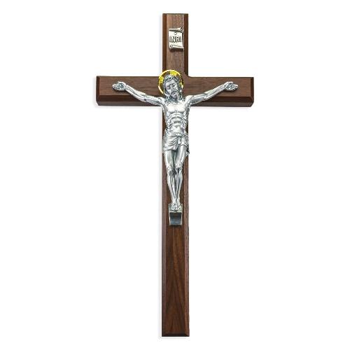 Wall Crucifix 15" Walnut Cross with Silver Finish Italian Corpus