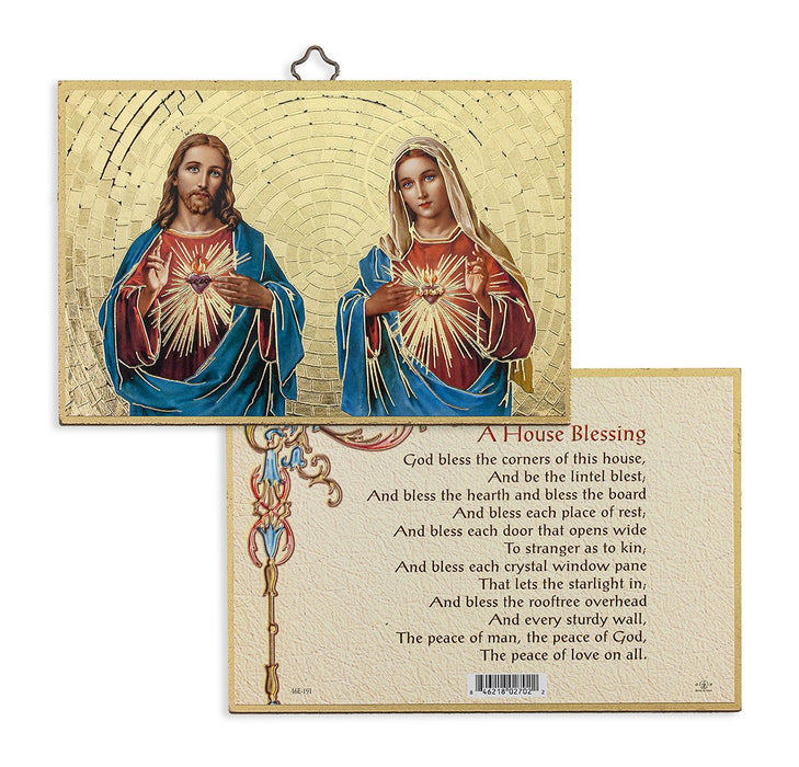 Sacred Hearts with House Blessing 4" x 6"  Gold Foil Mosaic Plaque