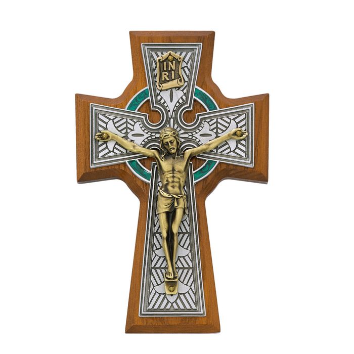 Celtic Cruifix 5.5" Walnut and Pewter with Green Enamel