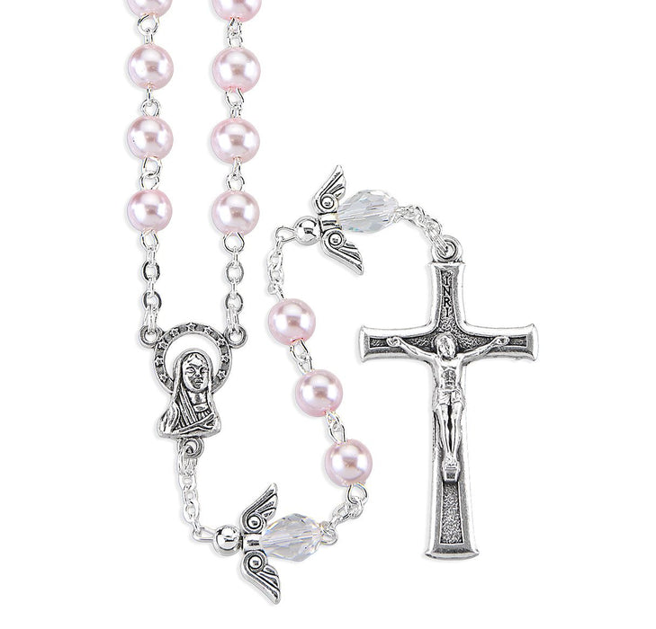 Rosary with Angel Our Fathers and 6mm Pink Pearlized Glass Bead