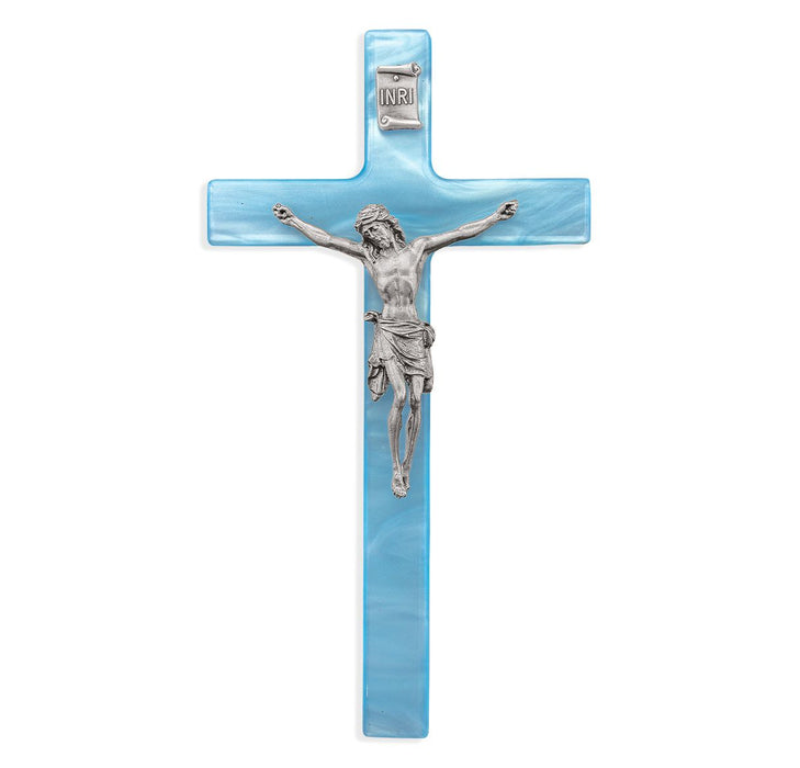 Crucifix 7" Pearlized Blue Cross with Fine Pewter Corpus