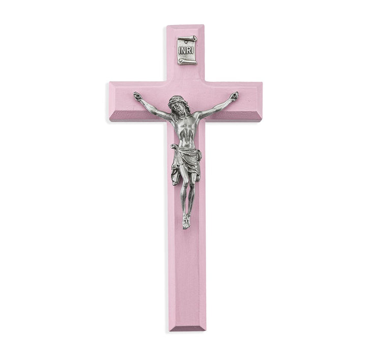 Crucifix 7" Pink Wood with Genuine Fine Pewter Corpus