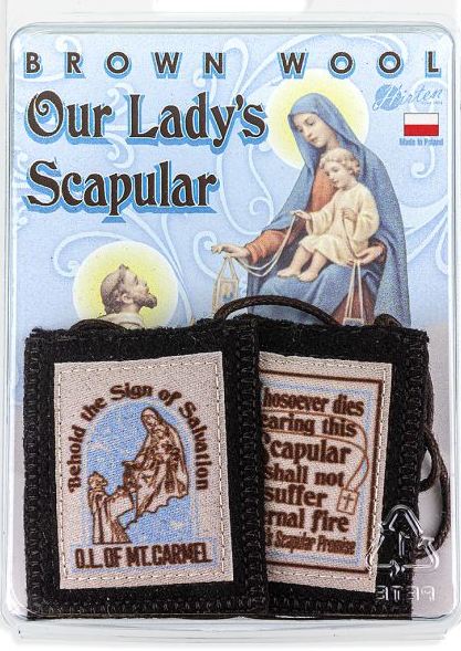 Our Lady of Mt. Carmel Brown Wool Scapular in Deluxe Packaging