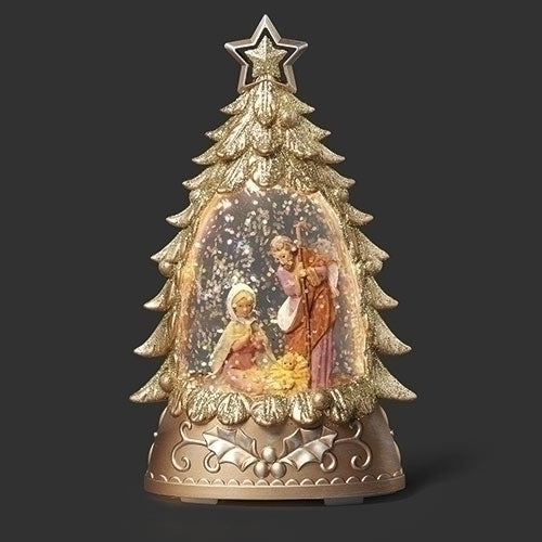 Snow Globe Gold Christmas Tree Shape with Nativity Scene