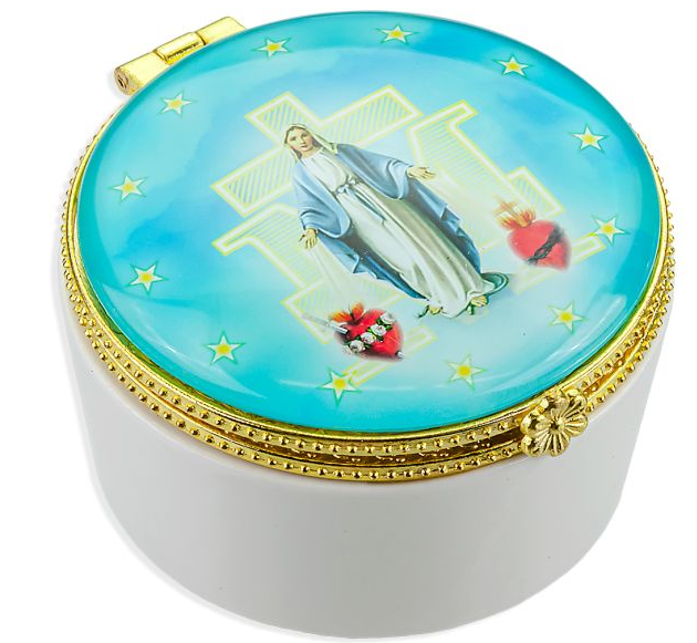 Porcelain Rosary Box with Miraculous Medal Glass Cover