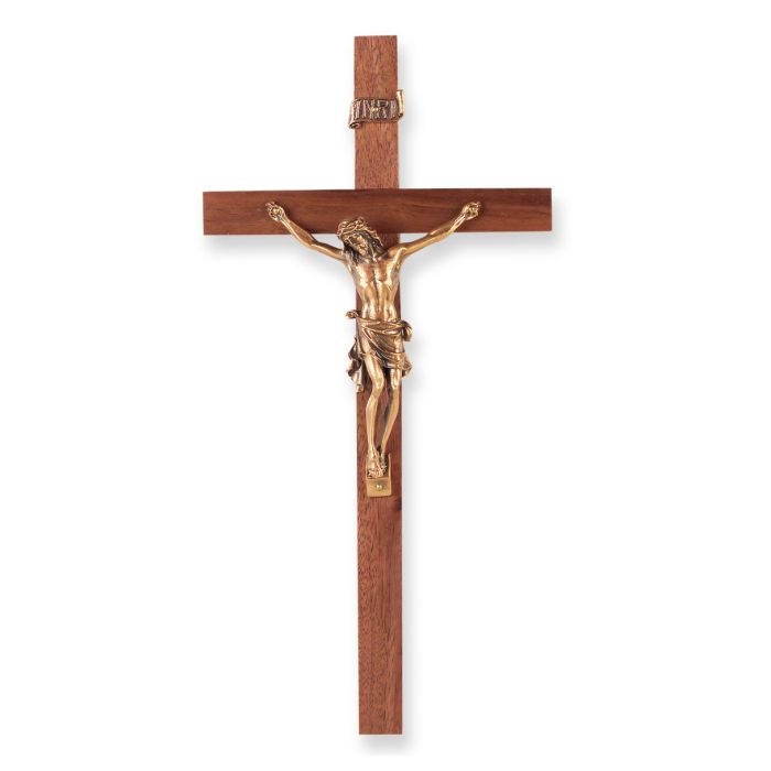10" Walnut Wood Cross with a Museum Gold Finish Corpus