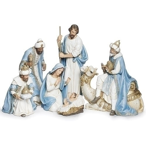 Nativity 6 Piece Set 9.2" High Blue Champagne with King on Camel