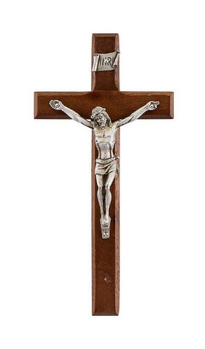 Wall Crucifix 6.25" Walnut with Silver Tone Corpus