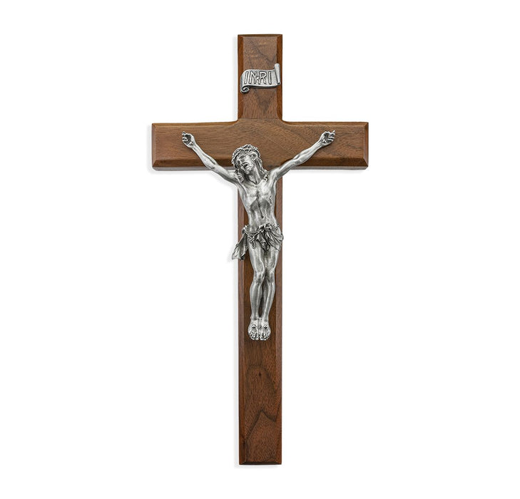 12" Walnut Crucifix with Antique Fine Pewter Corpus
