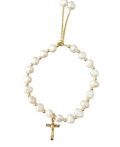 Child's Bracelet Crucifix Medal 6mm White Pearl with Gold Plate